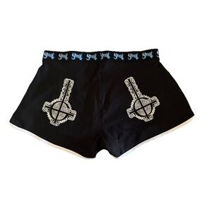 Ghost Band Booty Shorts M Black Blue Logo Waistband Crosses Hot Topic NEW
